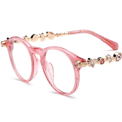 Luxury Round Acetate Optical Glasses Frame with Gem Trim - Pink - MCROONS