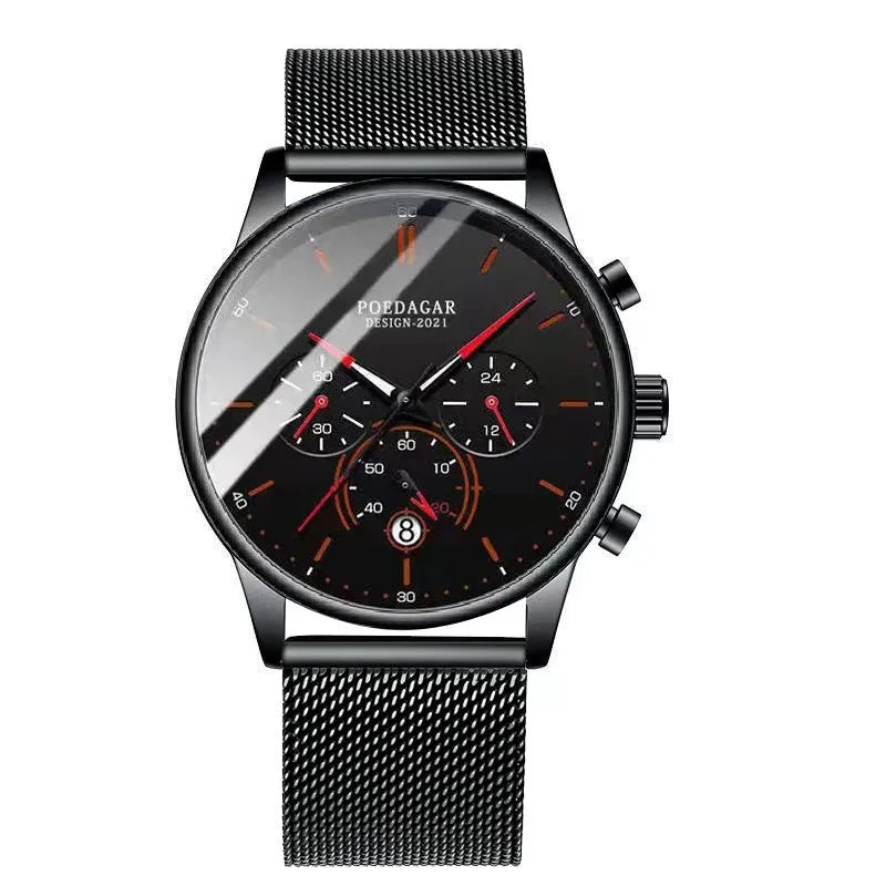 Poedagar 632 Men's Luxury Chronograph Quartz Watch – Stainless Steel Band, Waterproof, Luminous