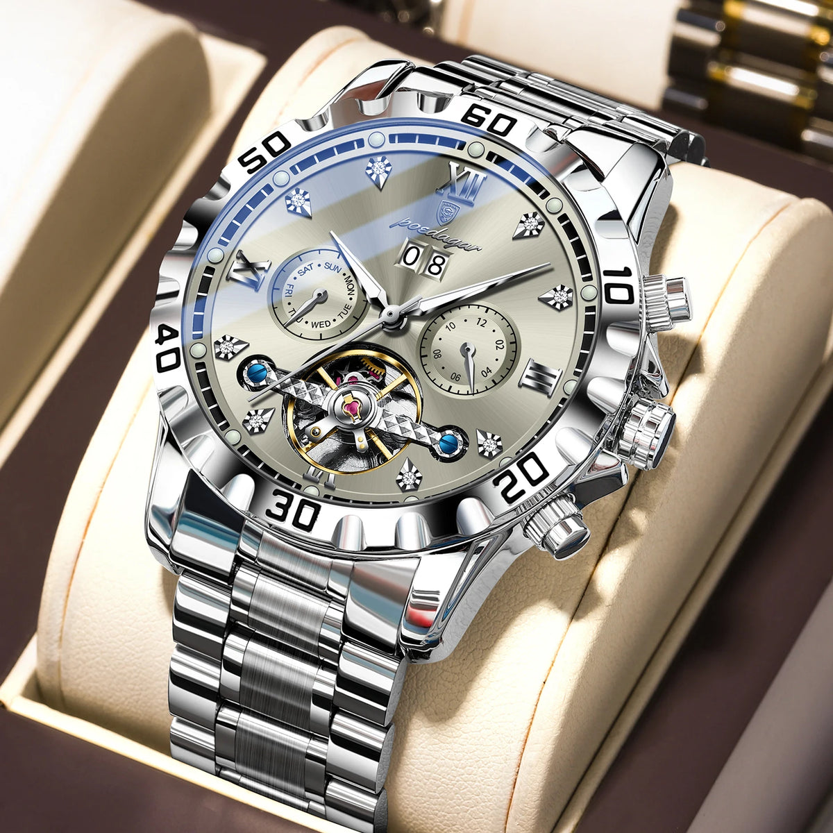 Poedagar 1418 Men's Luxury Automatic Mechanical Watch – Stainless Steel Band, Waterproof, Luminous, Date