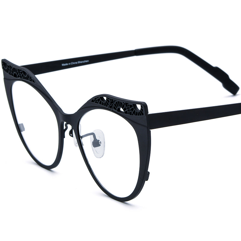 Matte Titanium Hollow-Out Cat Eye Optical Glasses Frame - Matte Black - MCROONS