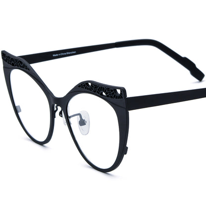 Matte Titanium Hollow-Out Cat Eye Optical Glasses Frame - Matte Black - MCROONS