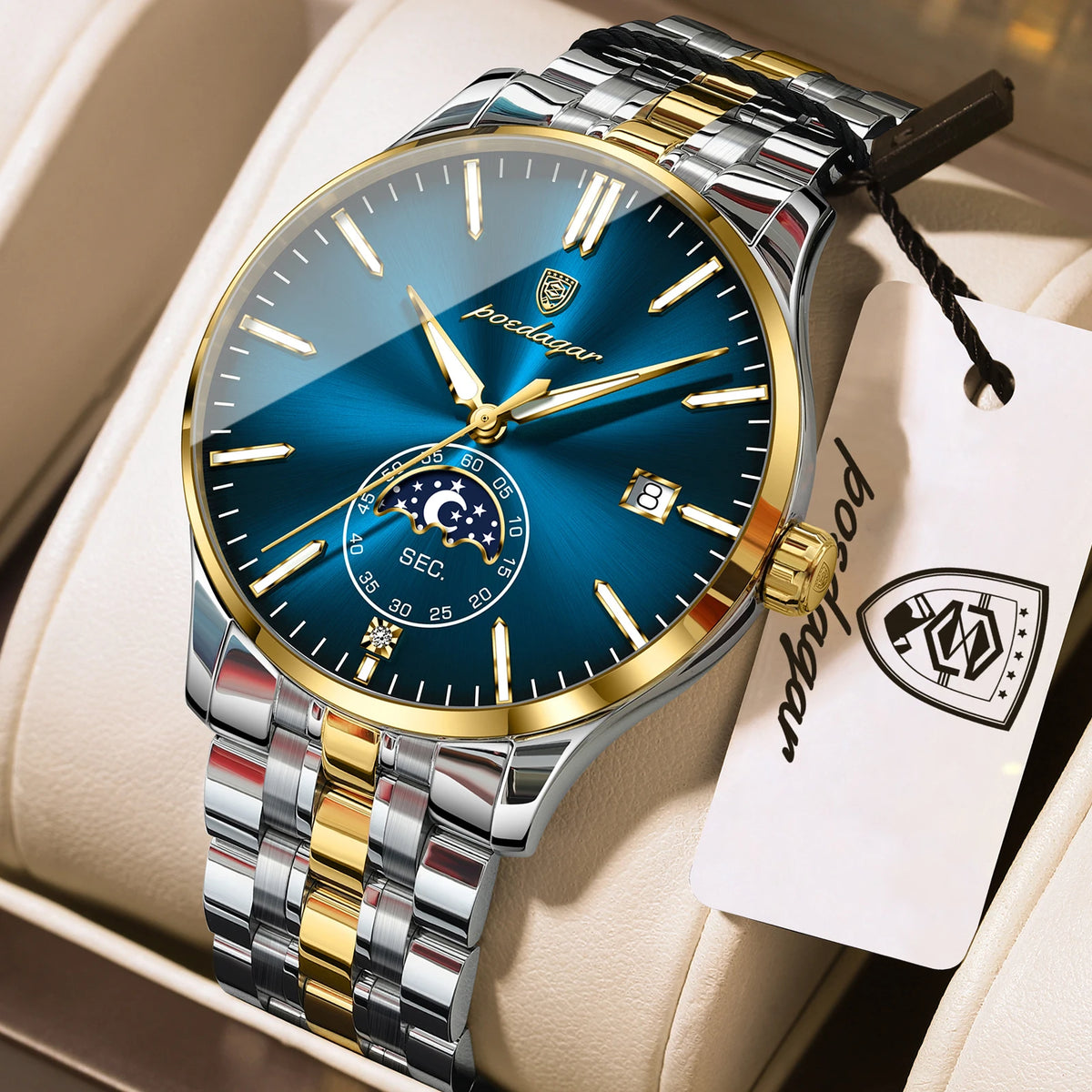 Poedagar 854 Men's Luxury Quartz Watch – Stainless Steel Band, Waterproof, Luminous, Date