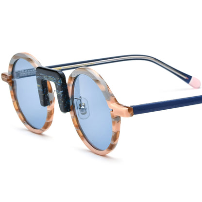 Acetate Round Polarized Sunglasses Vintage Mirrored - Brown Blue Lens - MCROONS