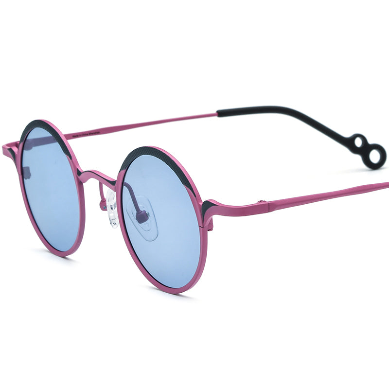 Colourful Titanium Round Polarised Sunglasses Retro - Black Pink Blue Lens - MCROONS