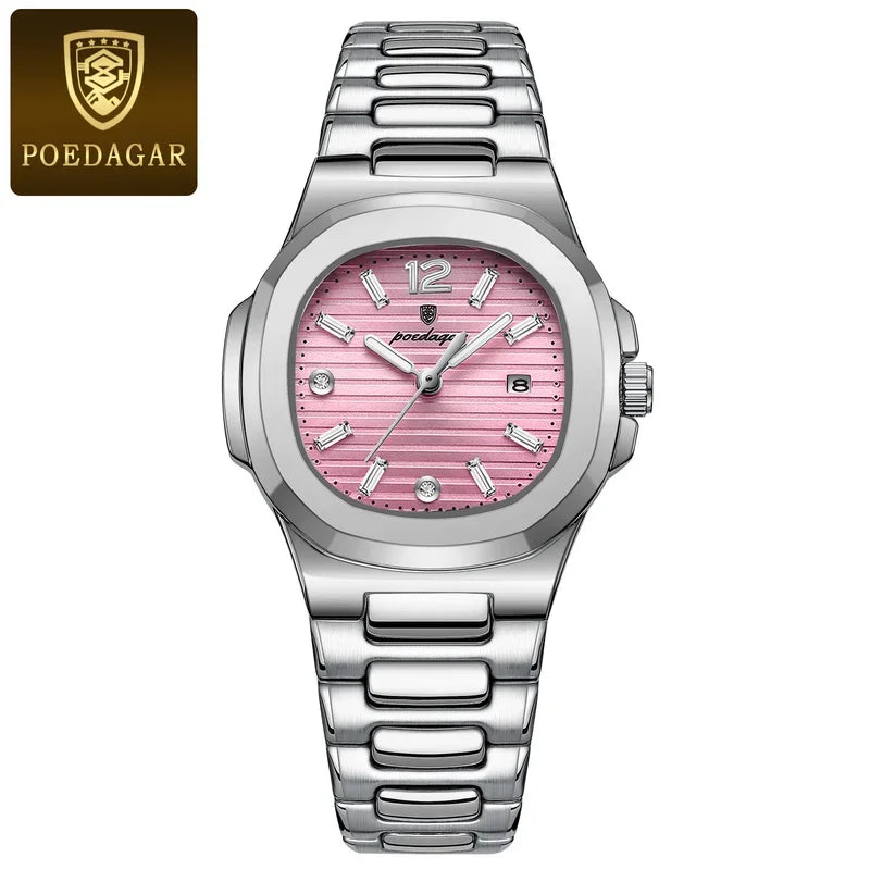 Poedagar 708 Women's Luxury Quartz Watch – Stainless Steel Band, Waterproof, Luminous, Date