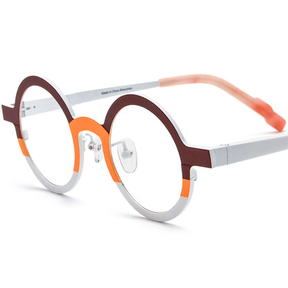 Colour-Block Titanium Round Optical Glasses Frame - Brown White - MCROONS