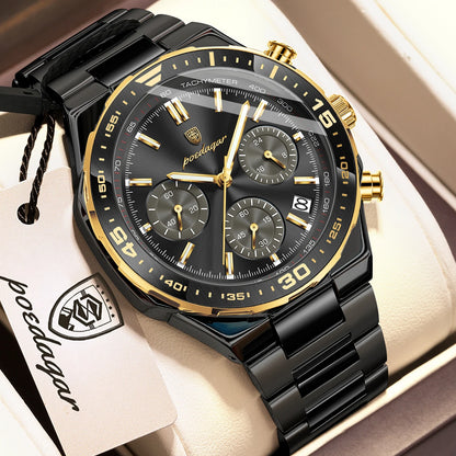 Poedagar 697 Men's Luxury Chronograph Quartz Watch – Stainless Steel Band, Waterproof, Luminous, Date