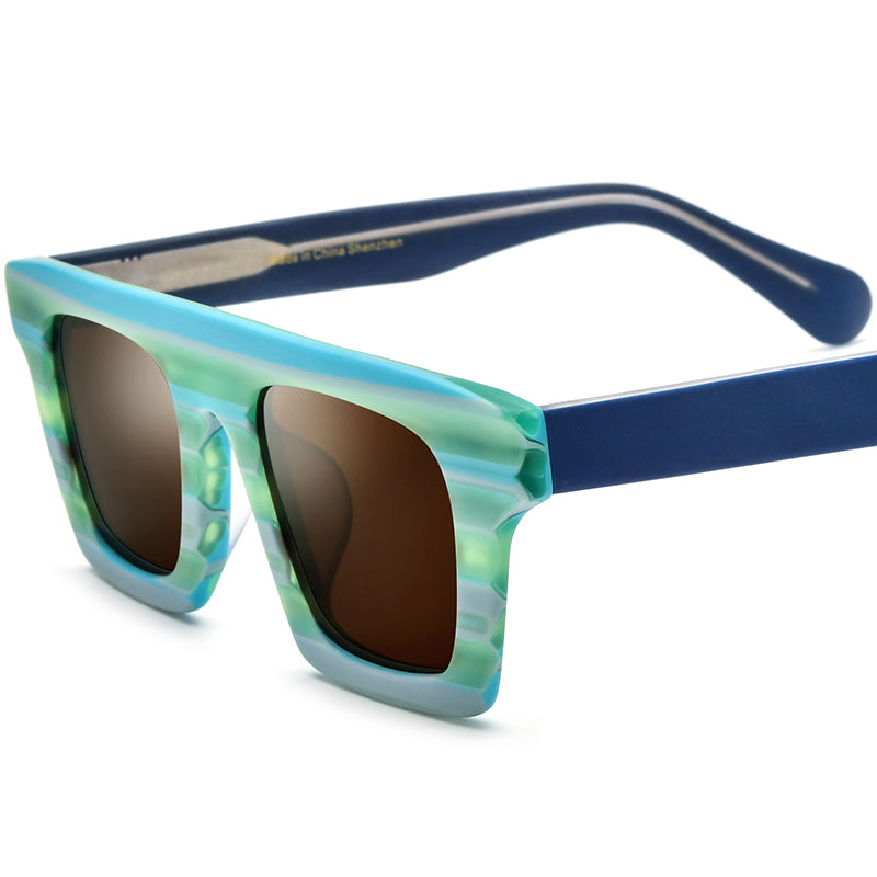 Matte Acetate Square Polarized Sunglasses Vintage - Blue Stripe Brown Lens - MCROONS