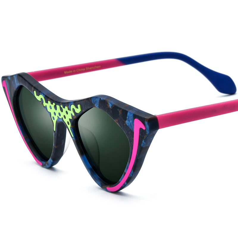 Matte Acetate Cat Eye Polarized Sunglasses Retro - Blue Dark Green Lens - MCROONS