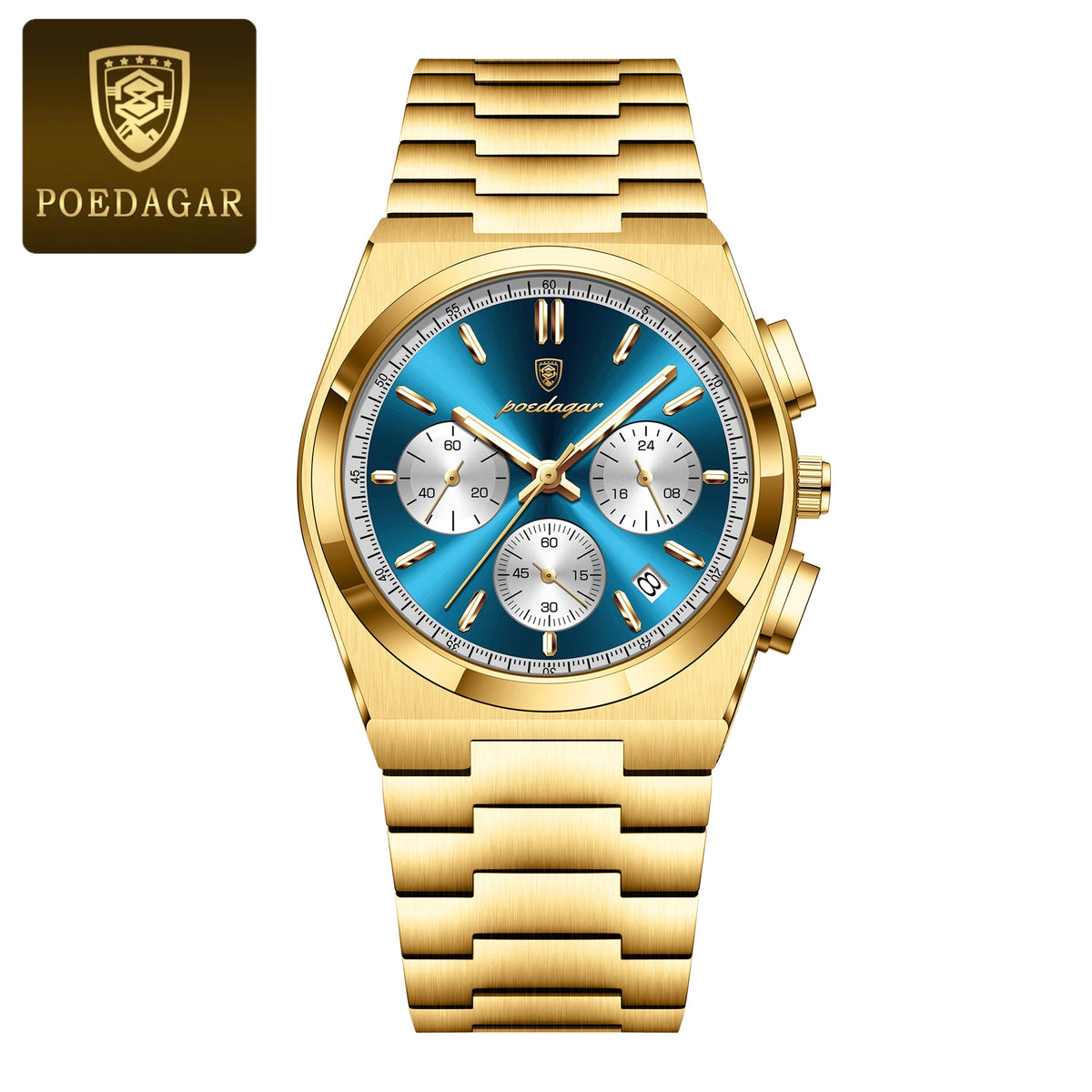 Poedagar 970 Men's Luxury Chronograph Quartz Watch – Stainless Steel Band, Waterproof, Luminous, Date
