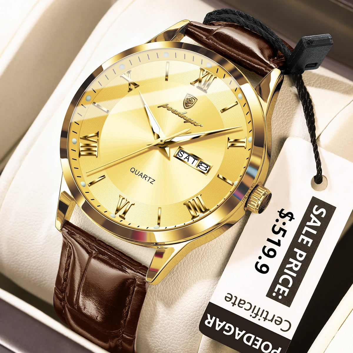 Poedagar 978 Men's Luxury Quartz Watch – Leather Strap, Waterproof, Luminous, Date