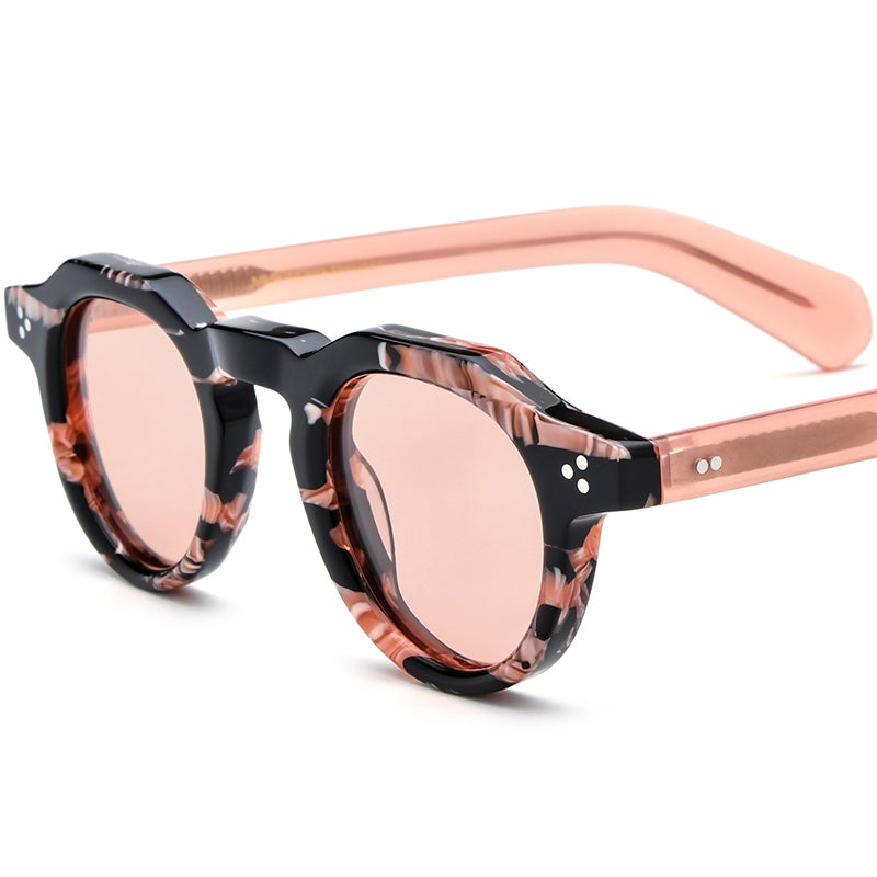 Polarised Round Acetate Sunglasses Multicolour Mirrored - Pink/Pink Lens - MCROONS