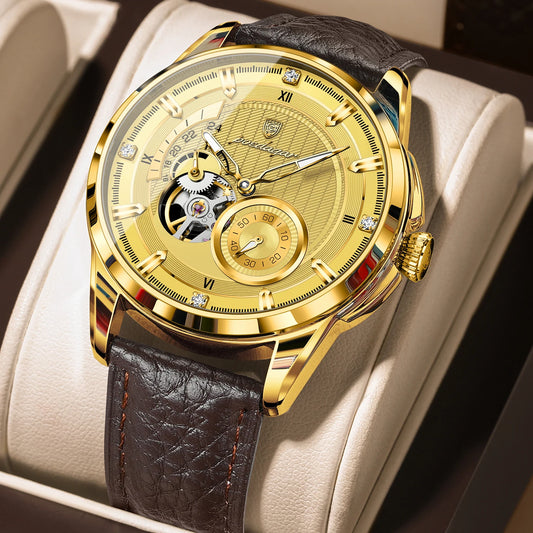 Poedagar 1427 Men's Luxury Automatic Mechanical Watch – Leather Strap, Waterproof, Luminous, Date