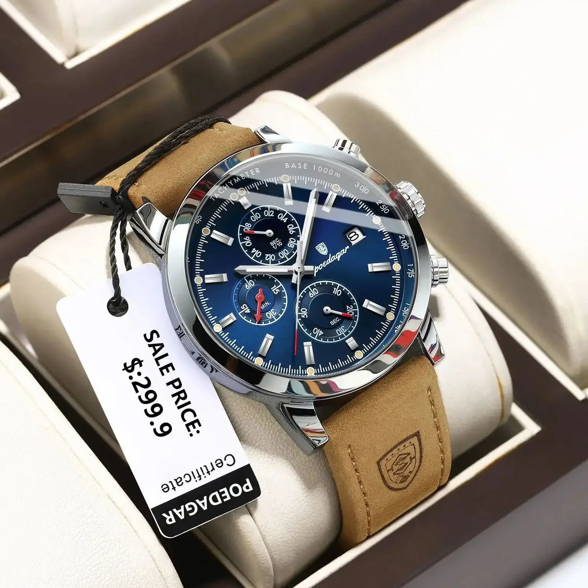 Poedagar 932 Men's Luxury Chronograph Quartz Watch – Leather Strap, Waterproof, Luminous, Date