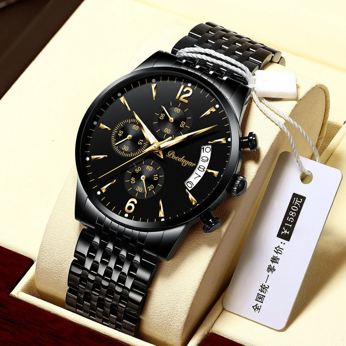 Poedagar 814 Men's Luxury Chronograph Quartz Watch – Leather Strap, Waterproof, Luminous, Date