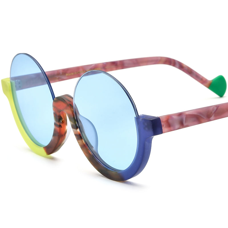 Retro Round Semi-Rimless Acetate Sunglasses - Yellow Blue Blue Lens - MCROONS