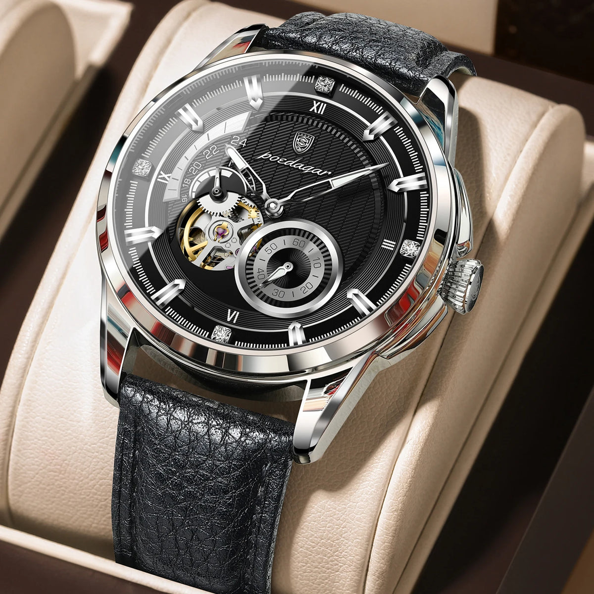 Poedagar 1427 Men's Luxury Automatic Mechanical Watch – Leather Strap, Waterproof, Luminous, Date