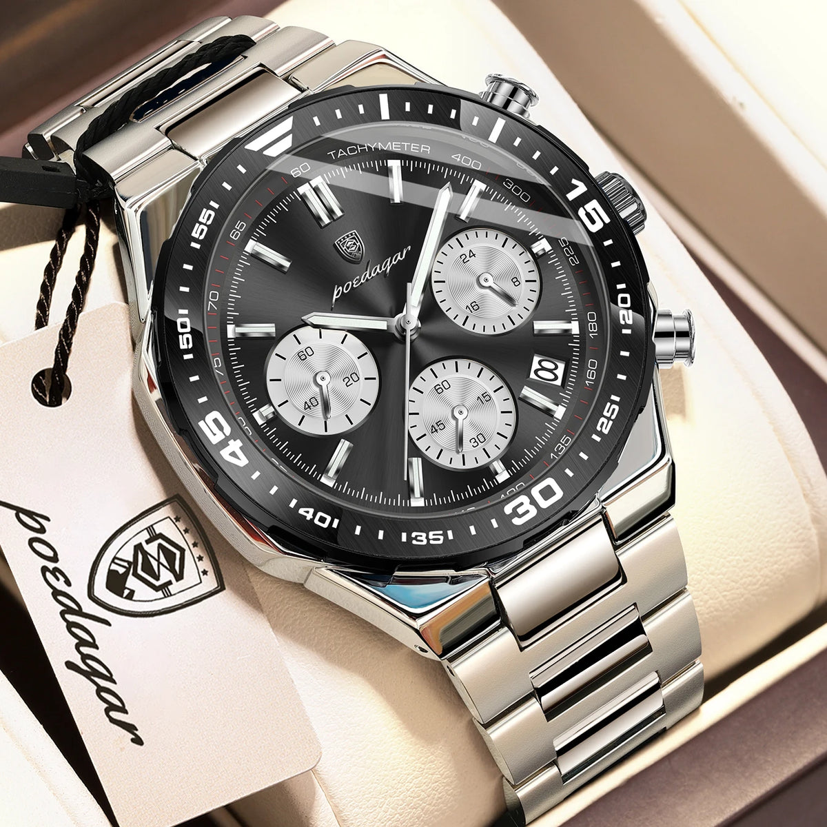 Poedagar 697 Men's Luxury Chronograph Quartz Watch – Stainless Steel Band, Waterproof, Luminous, Date