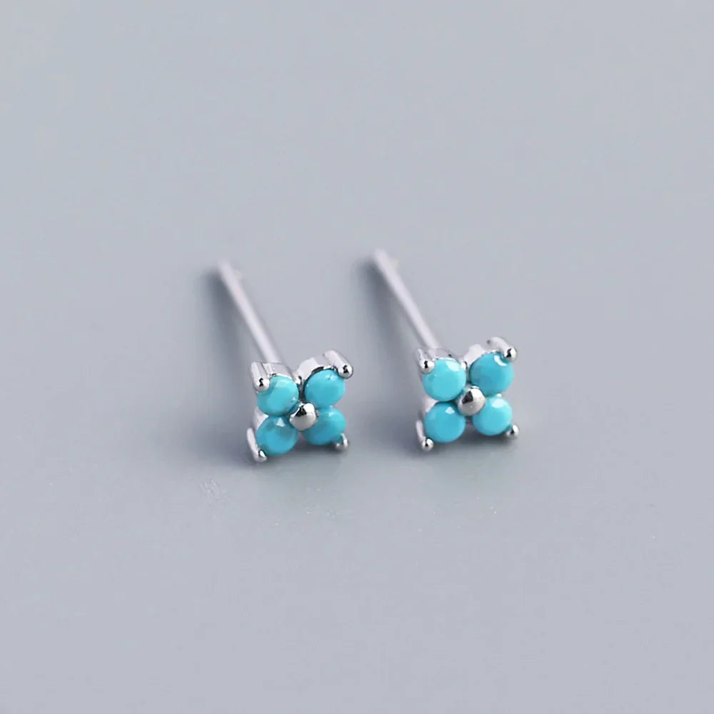 KR Simple Diamond S925 Silver INS Four Leaf Flower Earrings Sweet and Small Colorful Flower Earrings