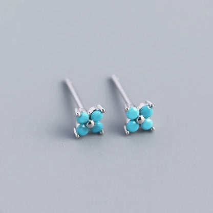 KR Simple Diamond S925 Silver INS Four Leaf Flower Earrings Sweet and Small Colorful Flower Earrings