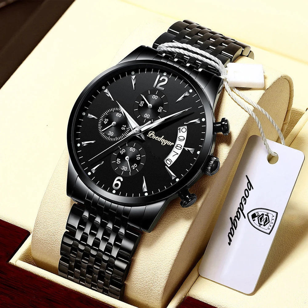 Poedagar 814 Men's Luxury Chronograph Quartz Watch – Leather Strap, Waterproof, Luminous, Date