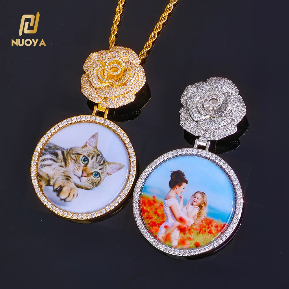 NOUYA Hip Hop Iced Out Zircon Necklace Women Micro Inlaid Zircon Circle Memory Custom Picture Flower Shaped Buckle Pendants