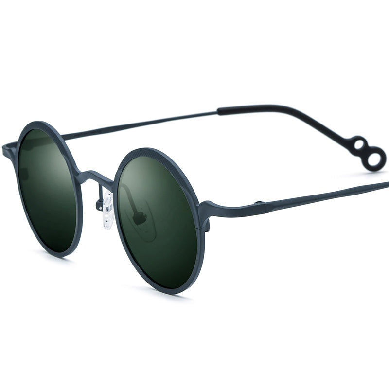 Colourful Titanium Round Polarised Sunglasses Retro - Grey Dark Green Lens - MCROONS