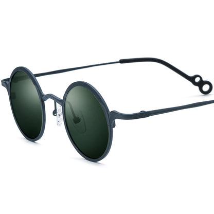 Colourful Titanium Round Polarised Sunglasses Retro - Grey Dark Green Lens - MCROONS