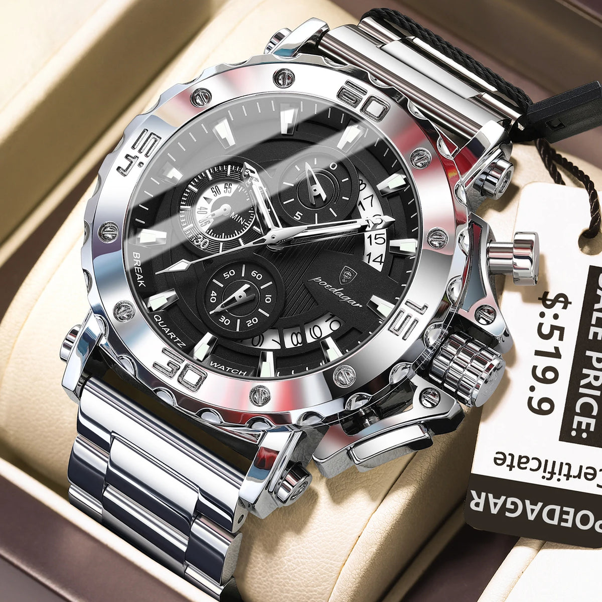 Poedagar 892 Men's Luxury Chronograph Quartz Watch – Stainless Steel Band, Waterproof, Luminous, Date