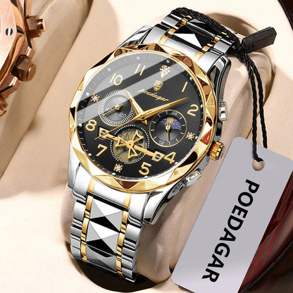 Poedagar 972 Men's Luxury Chronograph Quartz Watch – Stainless Steel Band, Waterproof, Luminous, Date