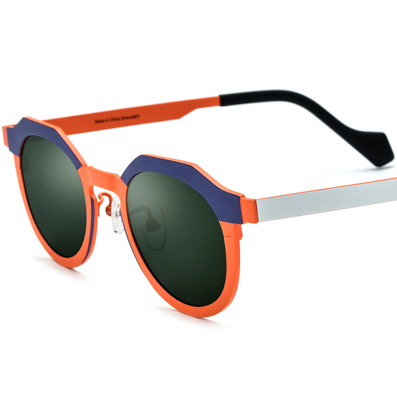 Colourful Titanium Cat Eye Polarised Sunglasses - Blue Orange Frame Dark Green Lens - MCROONS