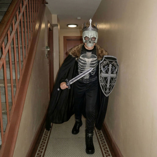 Skeleton Knight Boys Halloween Costume with Cloak, Mask & Sword