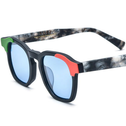 Vintage Multicolour Square Matte Acetate Polarized Sunglasses UV400 - Matte Black Blue Lens - MCROONS