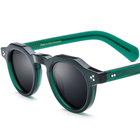 Polarised Round Acetate Sunglasses Multicolour Mirrored - Green/Grey Lens - MCROONS