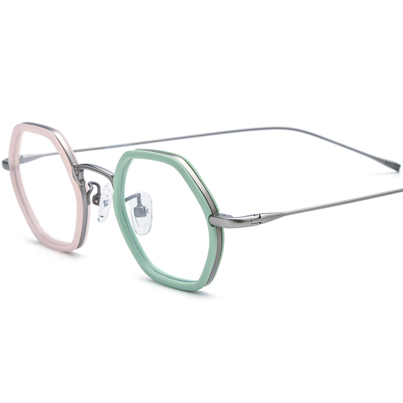 Retro Acetate Titanium Two-Tone Hexagon Glasses - Pink Green - MCROONS