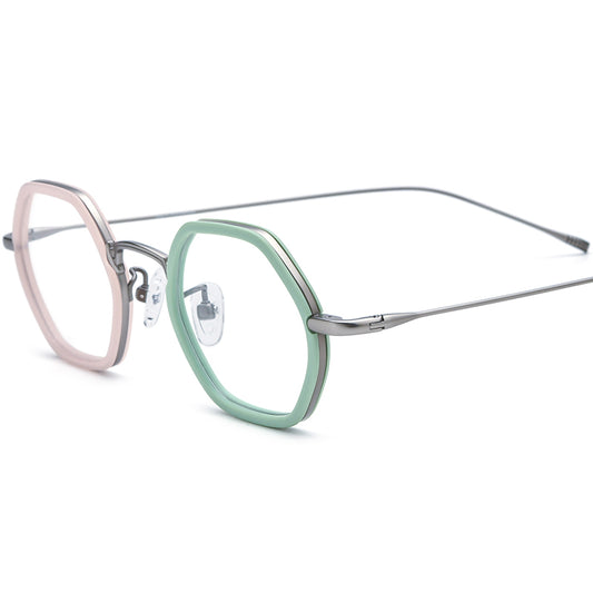 Retro Acetate Titanium Two-Tone Hexagon Glasses - Pink Green - MCROONS