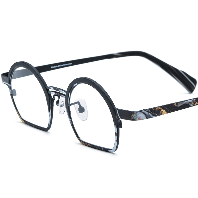 Multicolour Print Titanium Round Optical Glasses Frame - Black - MCROONS