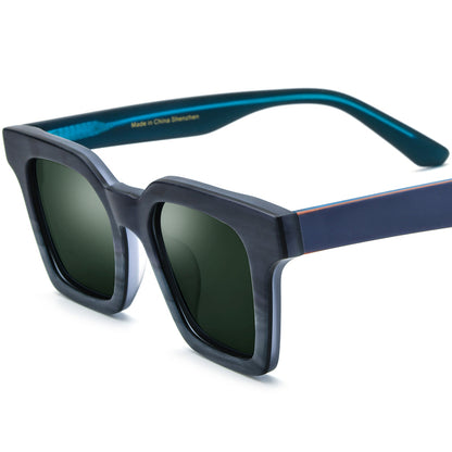 Retro Colour-Block Acetate Square Polarized Sunglasses - Blue Dark Green Lens - MCROONS