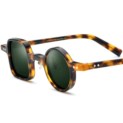 Retro Asymmetric Acetate Polarized Sunglasses - Leopard Frame Dark Green Lens - MCROONS