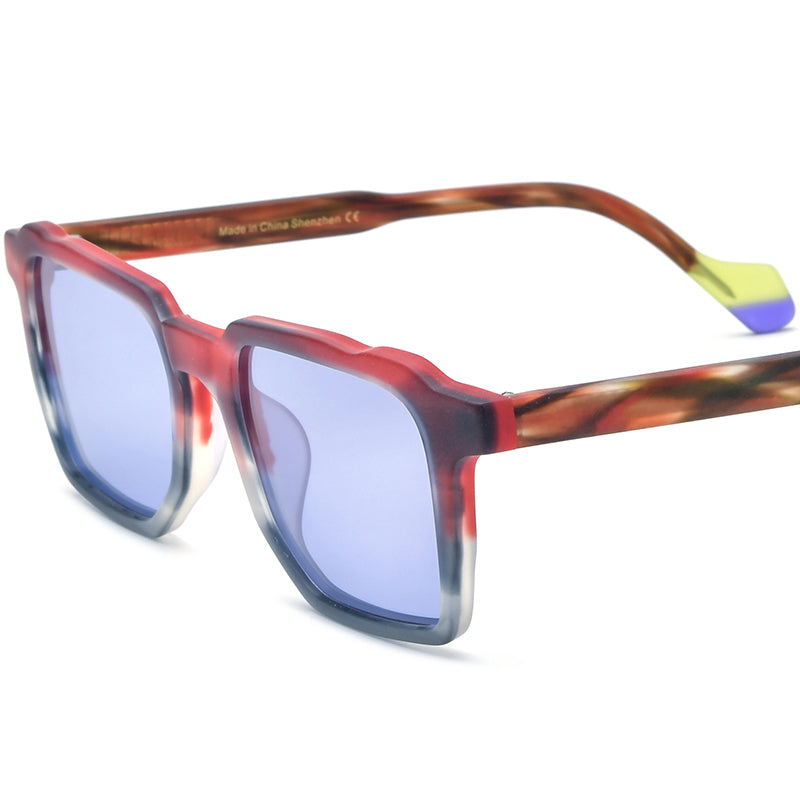 Vintage Multicolour Square Acetate Polarized Gradient Sunglasses UV400 - Matte Red Blue Lens - MCROONS