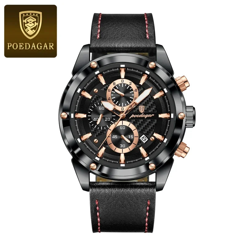Poedagar 860 Men's Luxury Chronograph Quartz Watch – Leather Strap, Waterproof, Luminous, Date