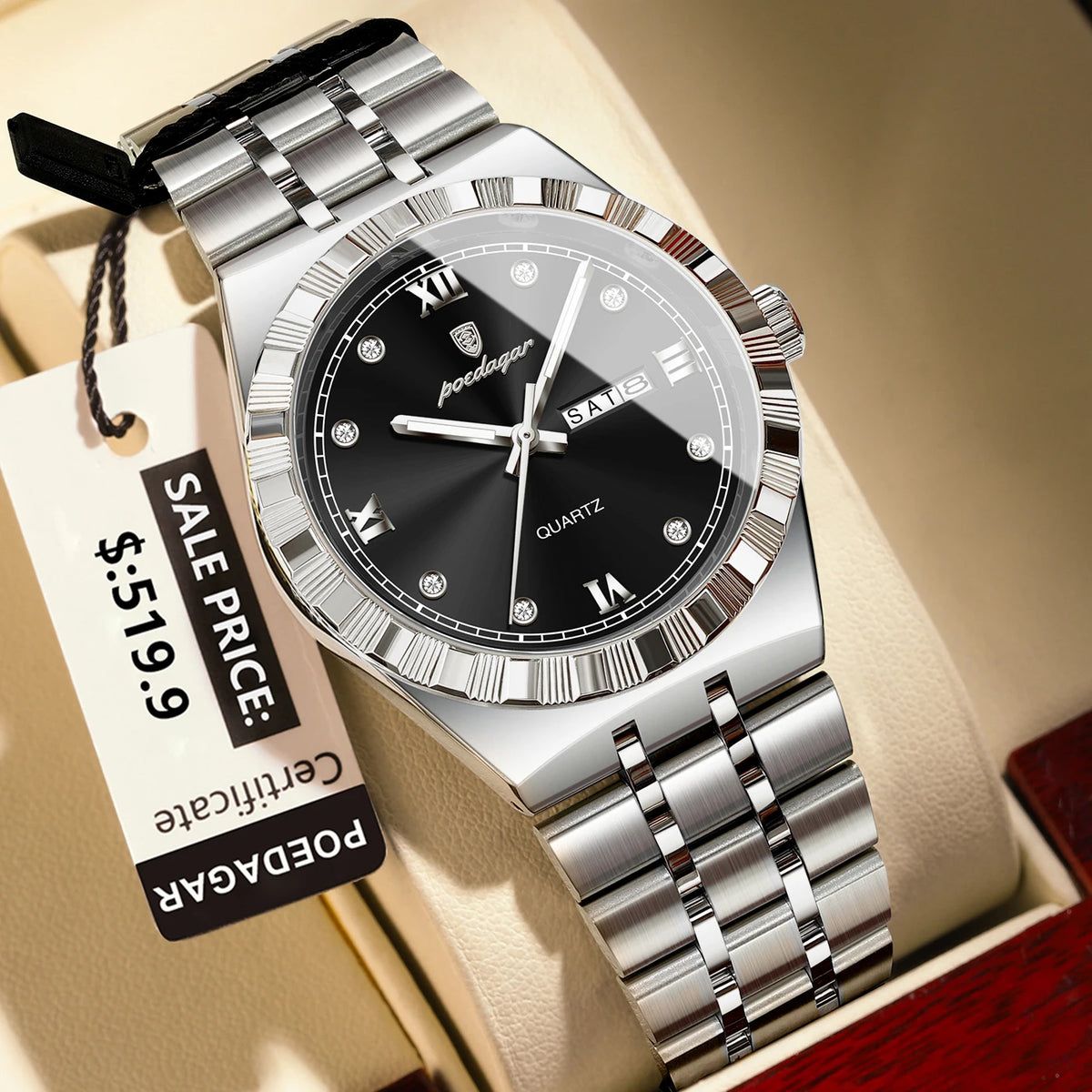 Poedagar 872 Men's Luxury Quartz Watch – Stainless Steel Band, Waterproof, Luminous, Date