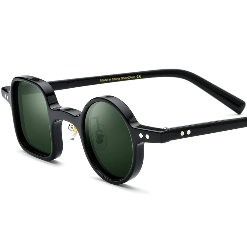 Retro Asymmetric Acetate Polarized Sunglasses - Black Frame Dark Green Lens - MCROONS