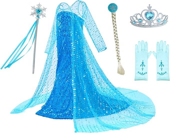Girls' Ice Kingdom Princess Dress - Kids Snow Blue Sequin Costume Set with Cape