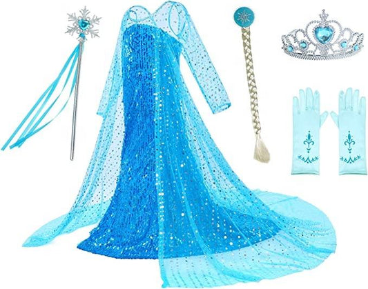 Girls' Ice Kingdom Princess Dress - Kids Snow Blue Sequin Costume Set with Cape