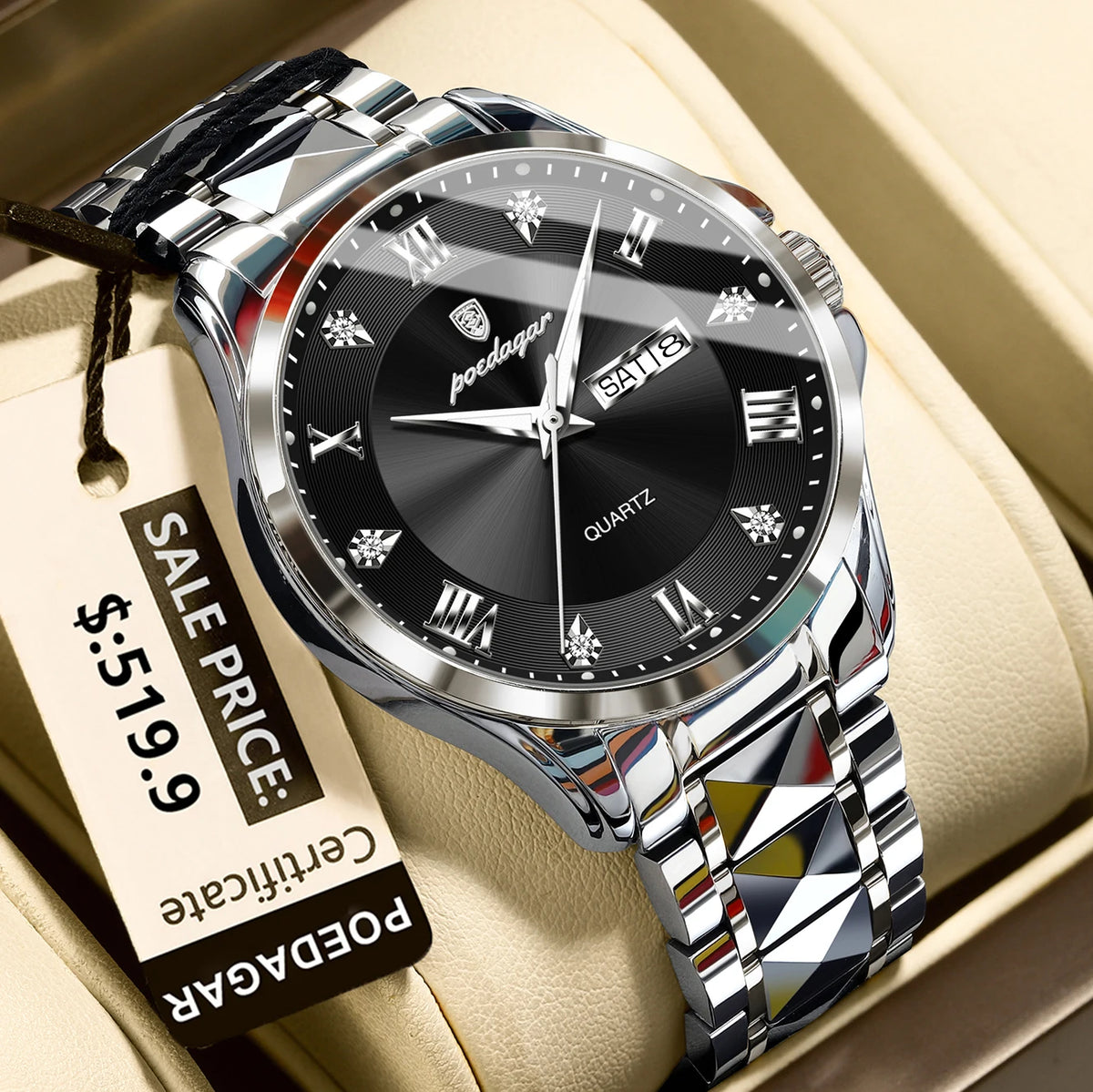 Poedagar 883 Men's Luxury Quartz Watch – Stainless Steel Band, Waterproof, Luminous, Date