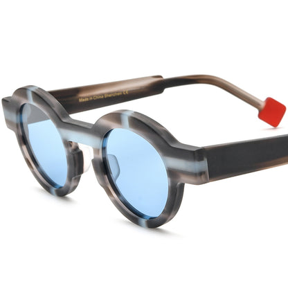 Vintage Colour-Block Round Polarized Sunglasses - Stripe Blue Lens - MCROONS
