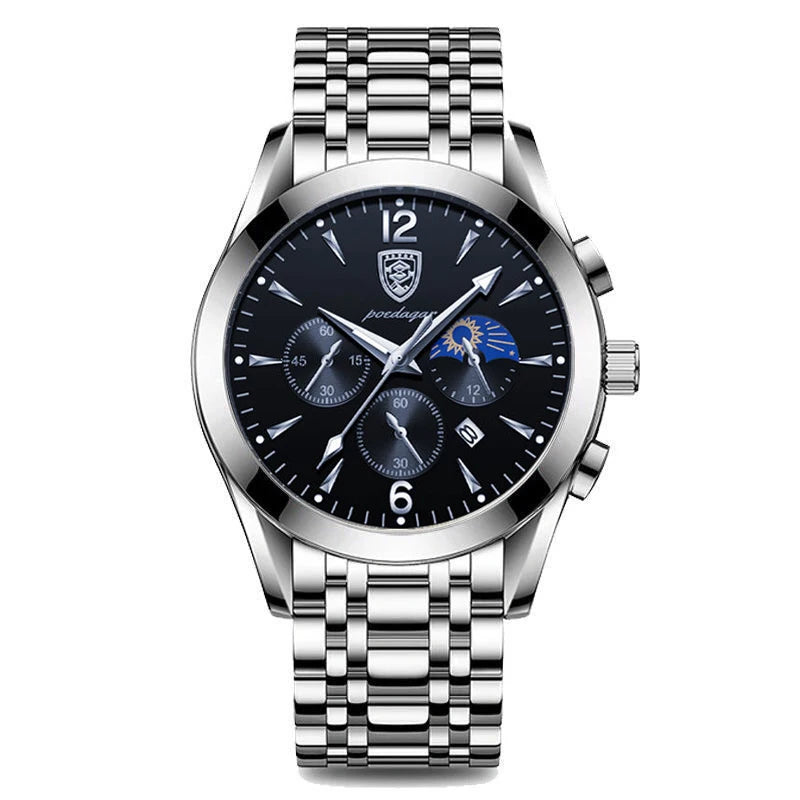 Poedagar 8298 Men's Sport Chronograph Quartz Watch – Leather Strap, Waterproof, Luminous, Date