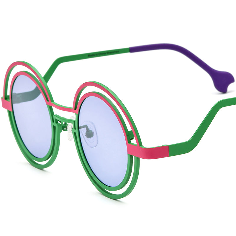 Colourful Titanium Double-Ring Round Polarised Sunglasses - Pink Green Frame Purple Lens - MCROONS