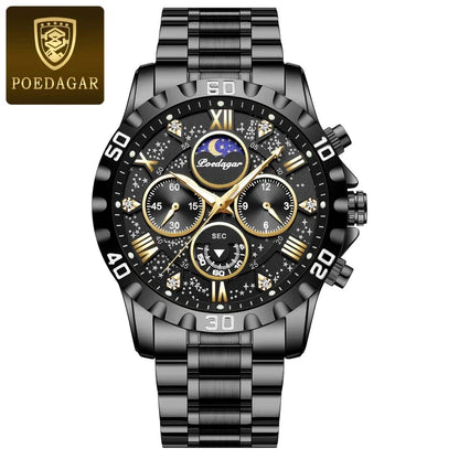 Poedagar 973 Men's Luxury Chronograph Quartz Watch – Stainless Steel Band, Waterproof, Luminous